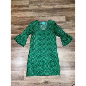 Escapada Green Navy Medallion Print Bell Sleeve Rayon Shift Dress Womens Small